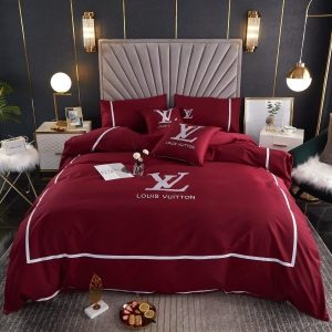 Louis Vuitton Basic Logo in Red Background Bed Set